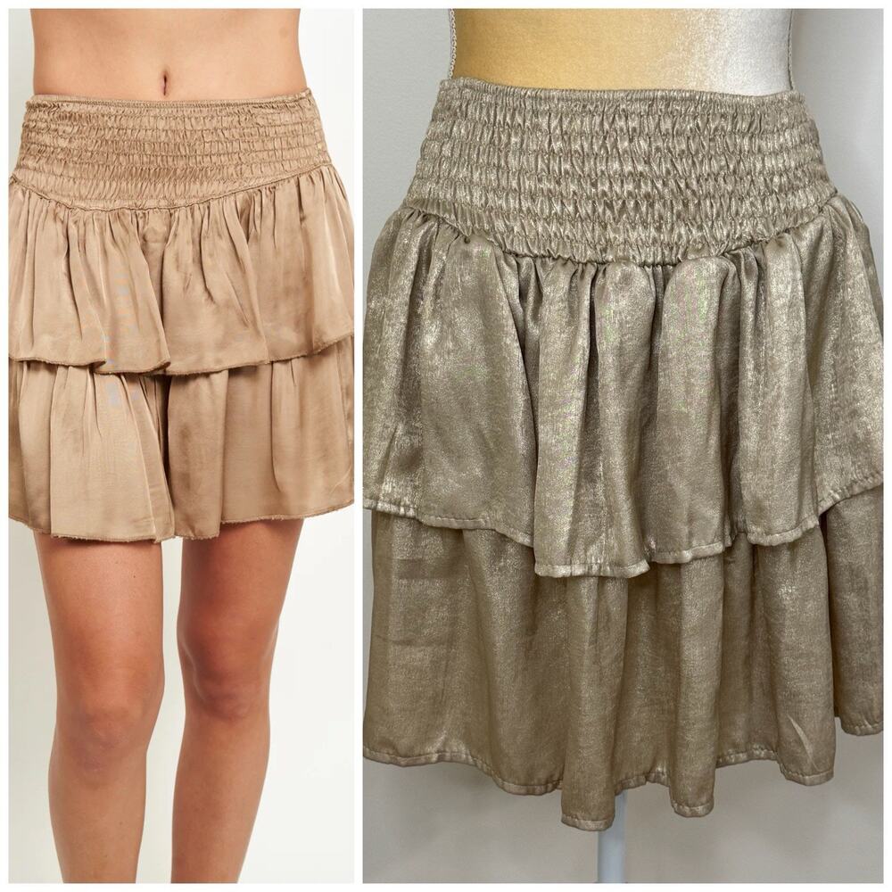 NWT Sofia Made In Italy Orleans Smocked Tiered Mini Skirt One Size Gold